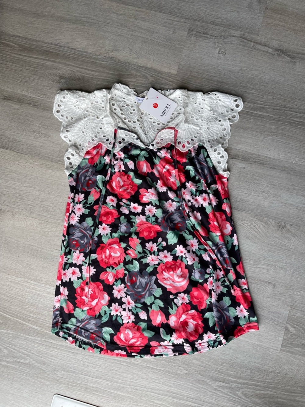 Floral Lace-Trim Sleeveless Blouse - White Lace with Pink & Red Rose Print